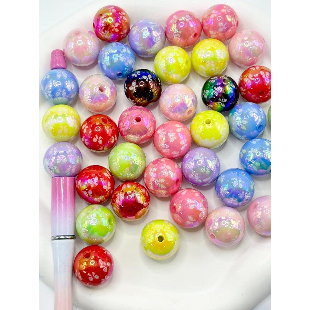 UV Coating Acrylic Beads with Butterfly Bowtie Prints in Solid Colors, Random Mix, 20MM