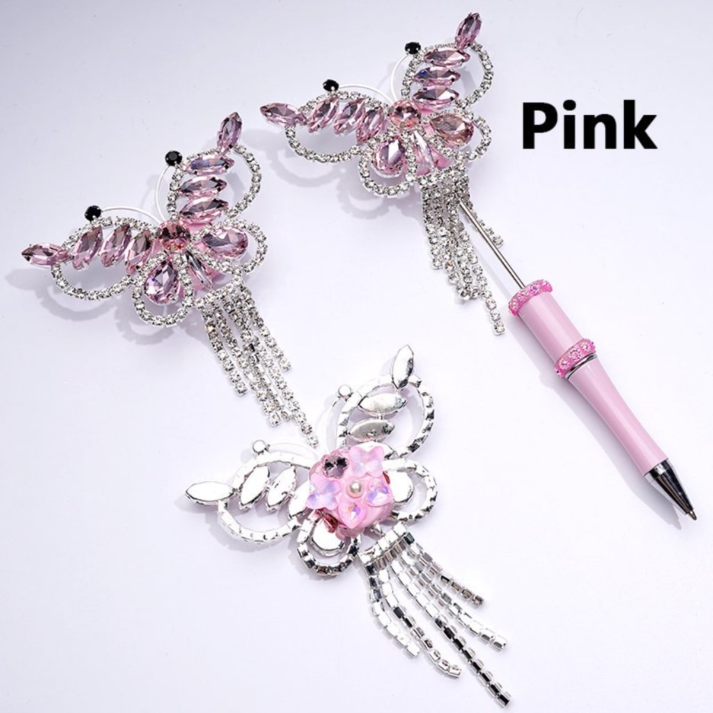 Bling Bling Fancy Silver Alloy Butterfly with Shiny Rhinestones Metal Clear Rhinestones Chains White Pearls Cute Butterflies Hearts Flowers Clay Beads, Around 79*108MM