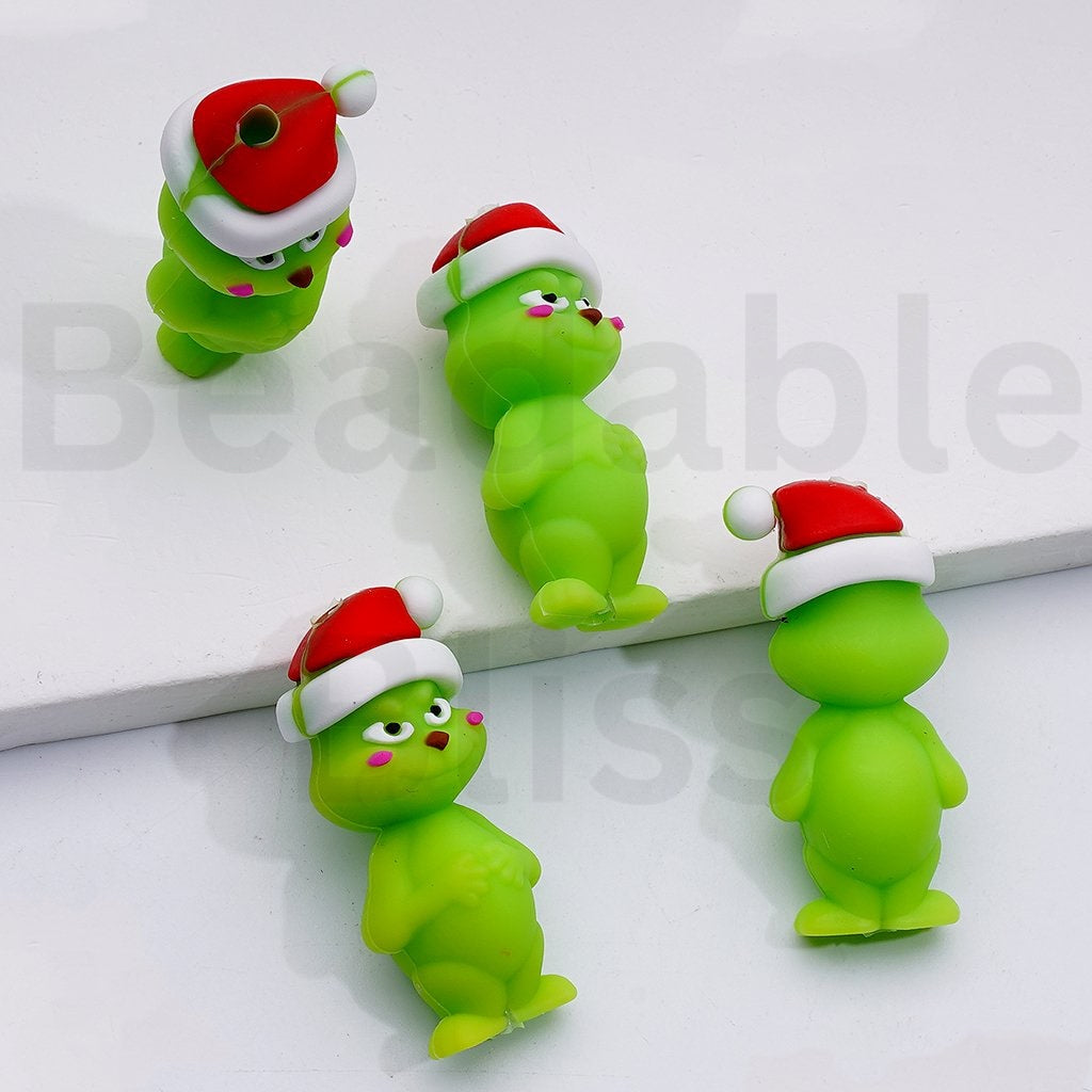 3D Cuten Green Monster Grinc with Red Christmas Hat Silicone Focal Beads