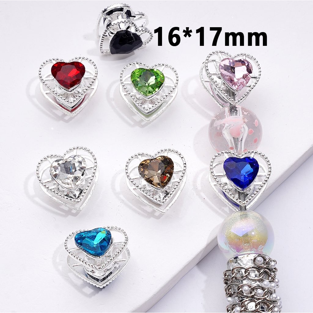 Fancy Silver Alloy Heart Beads with Colorful Heart Rhinestones, 16*17MM, Random Mix