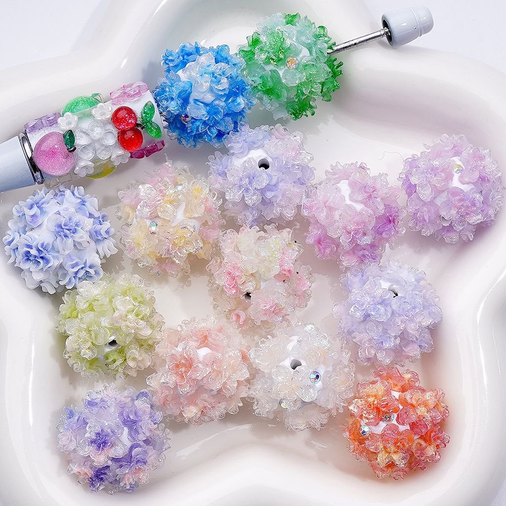 Color Changing Glitter Cute Sakura Flowers AB Rhinestones Round Clay Beads, Around 20MM, Random Mix