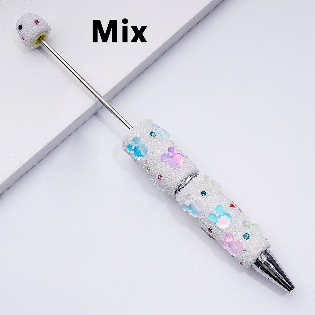 Beadable Clay Pens with Cute Bunny Heads Colorful Shiny Rhinestones Mini Snow Balls Covered the Entire Pen
