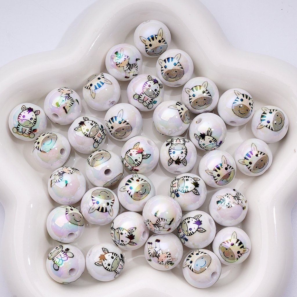 UV Coating Cute Zebra White Round Acrylic Beads, 16MM, Random Mix