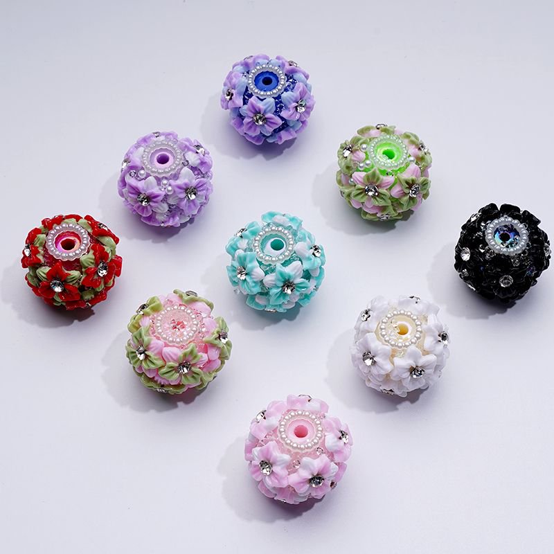 Multi-Color Cute Flowers Clear Rhinestone Inside White Pearls Ring Clear Sugars Round Clay Beads, 20MM