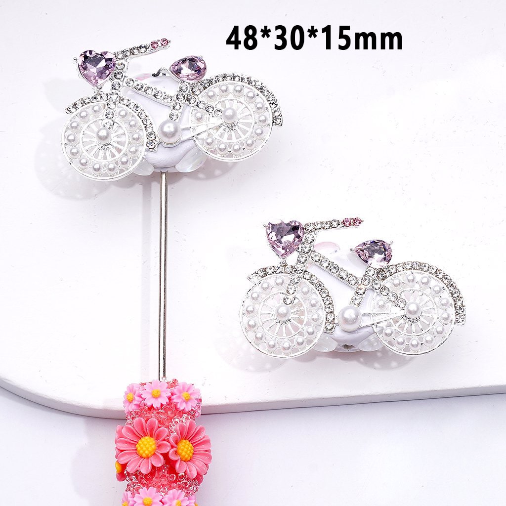 Fantastic Fancy Silver & Gold Alloy Bike Bicycle with Clear & Pink Shiny Rhinestones Cute Snowflakes Butterflies White Pearls Round Clay Beads, Around 48*30*15MM