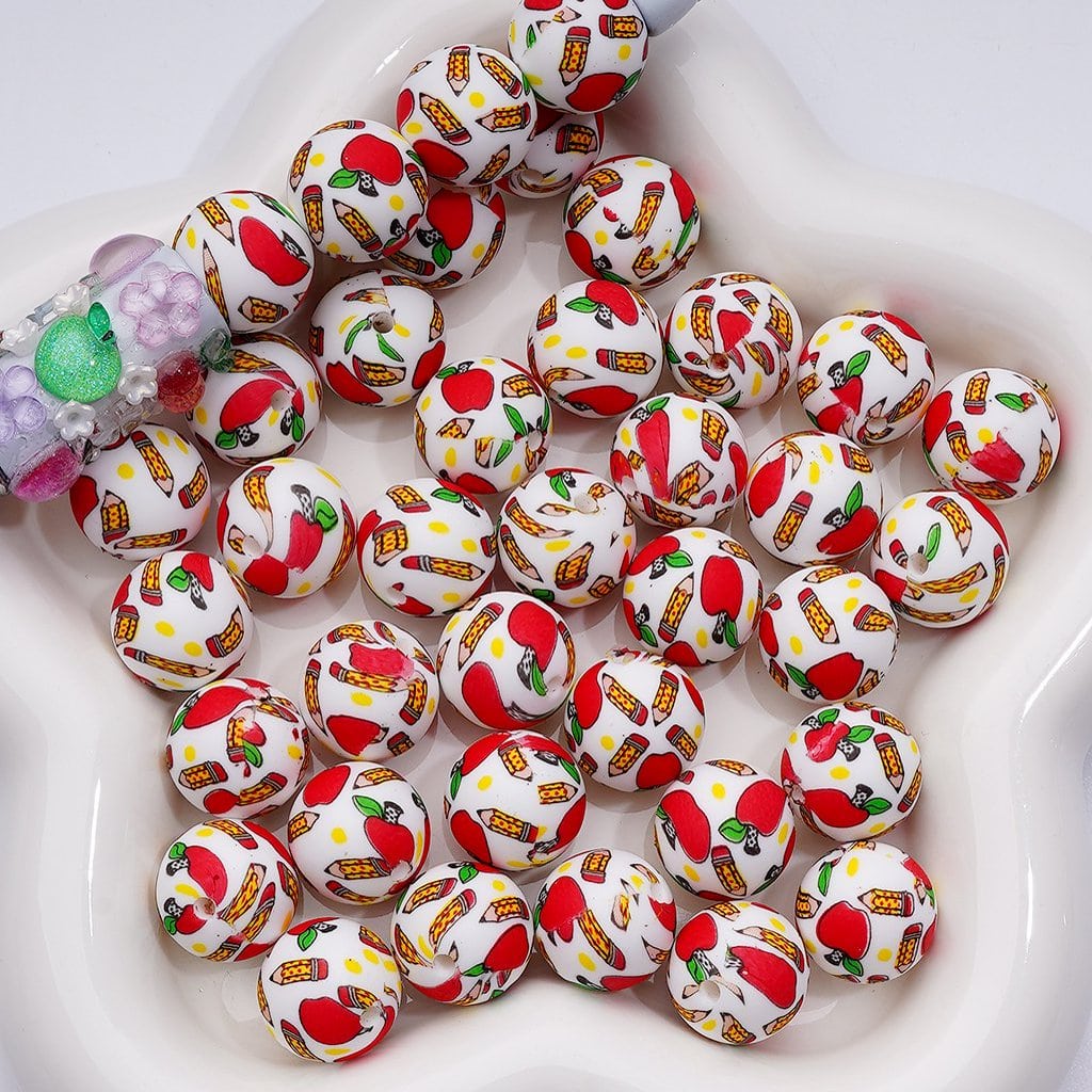 Red Apples Cute Pencils Teacher White Printed Silicone Beads 15MM, Number Z-00234