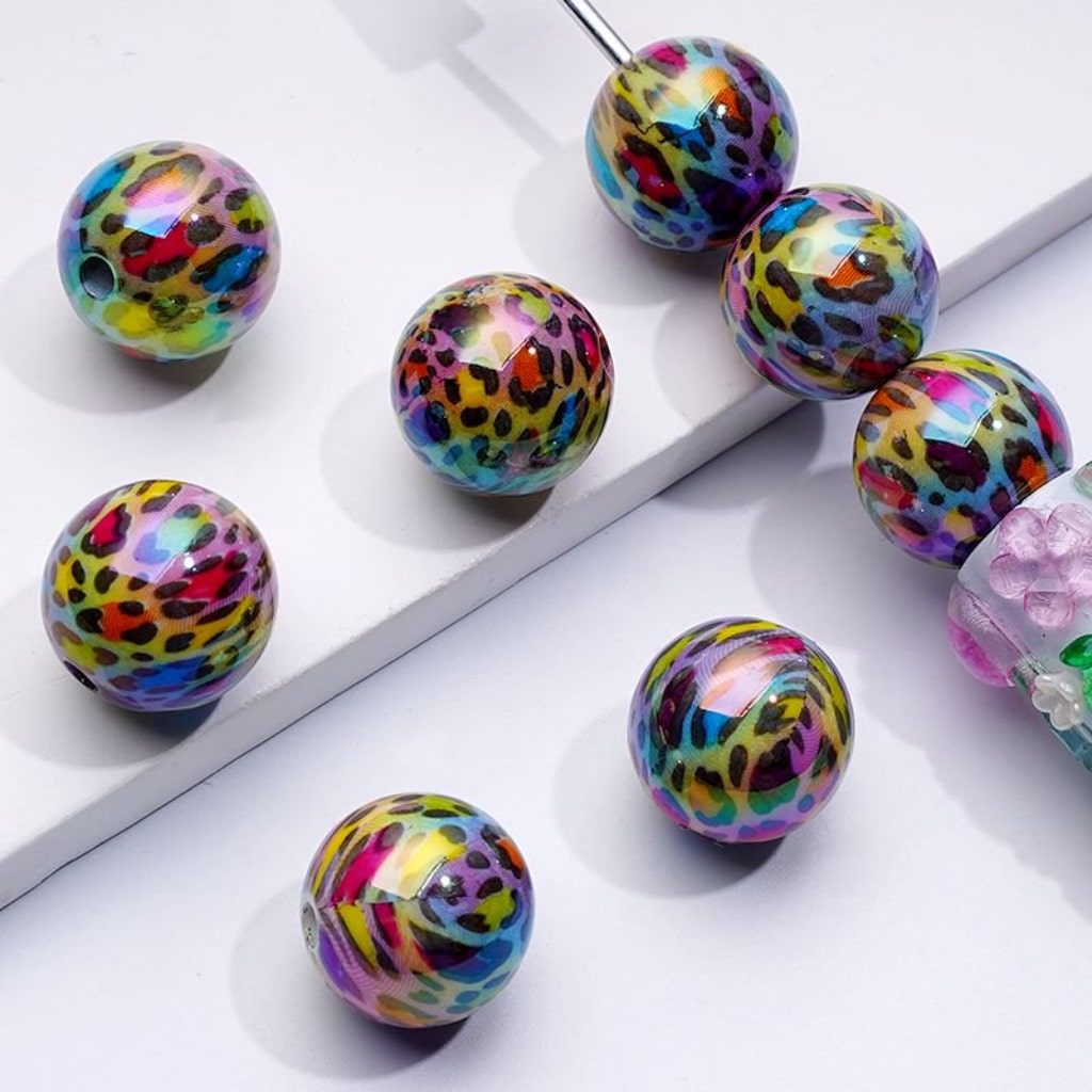 Glossy Colorful Jaguar Prints Round Acrylic Beads, 16MM