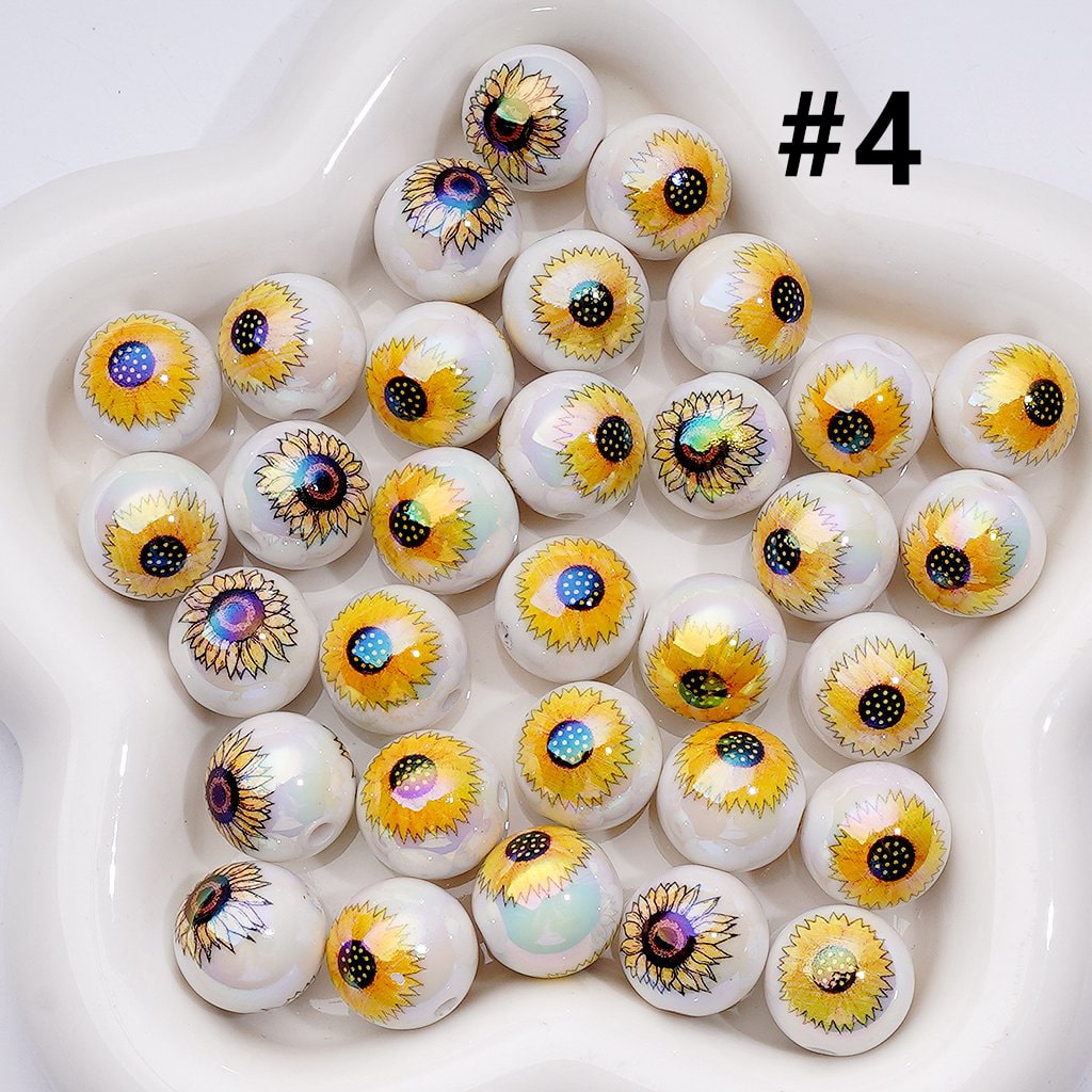 UV Coating Sun Flowers Clear White Round Acrylic Beads, 16MM