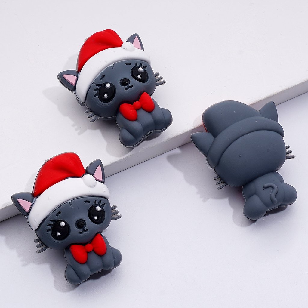 3Dかわいいグレーの子猫と赤い蝶結びのクリスマス帽子シリコンフォーカルビーズ