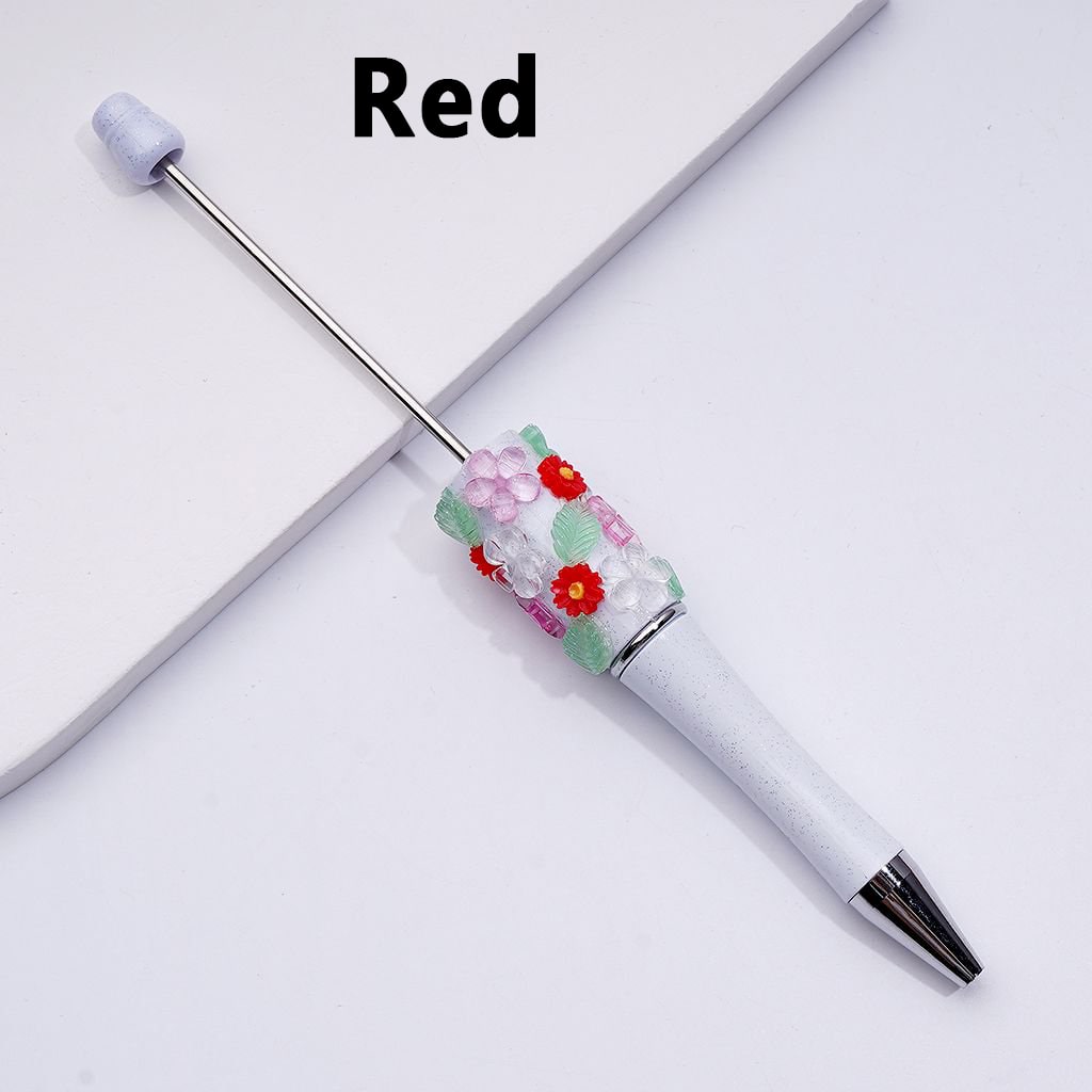 Exquisite White Glitter Beadable Pen with Cute Colorful Flowers Green Leaves Accessories