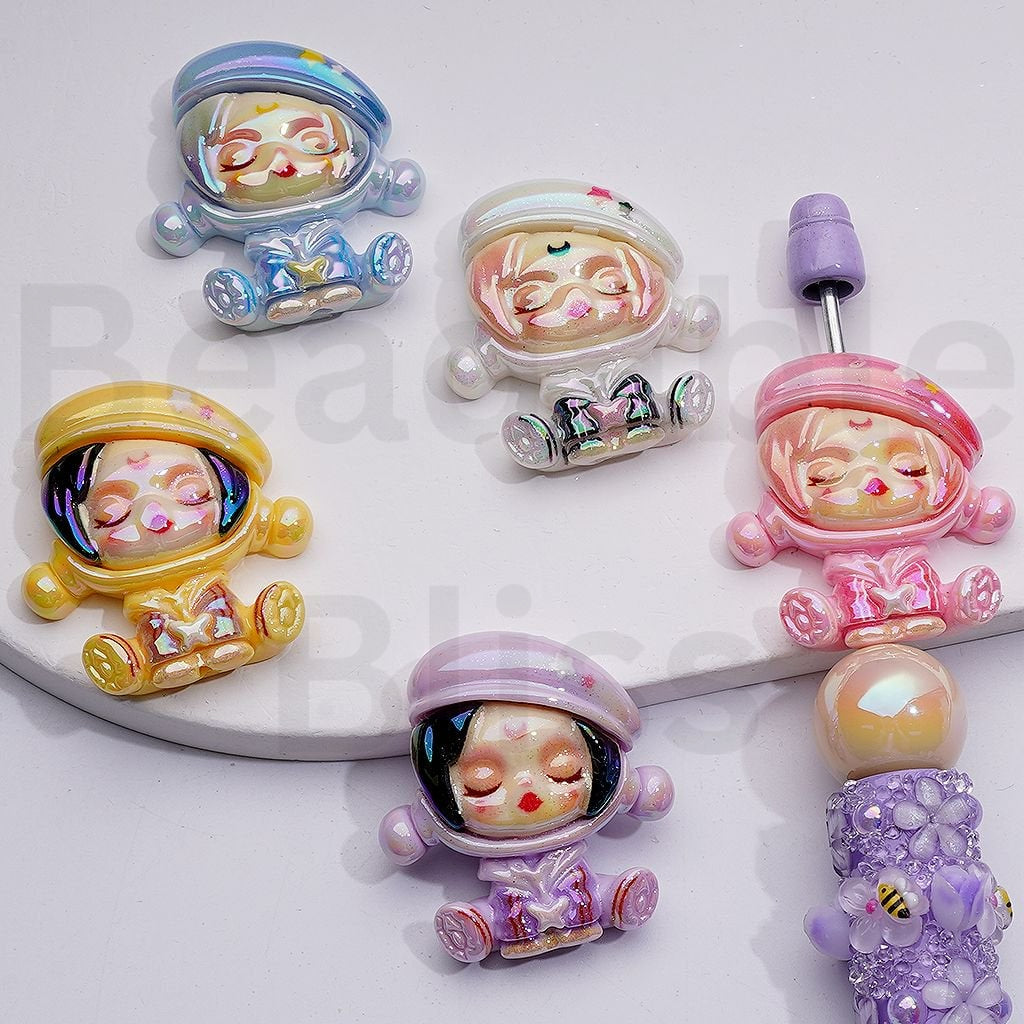 UV Coating Cute Dream Angel Girl with Cool Hat Acrylic Beads, 34*30MM, Random Mix