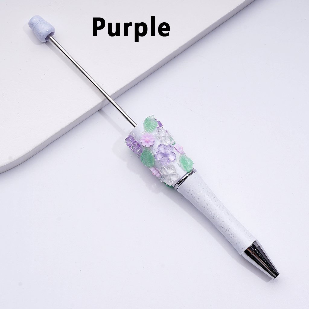 Exquisite White Glitter Beadable Pen with Cute Colorful Flowers Green Leaves Accessories
