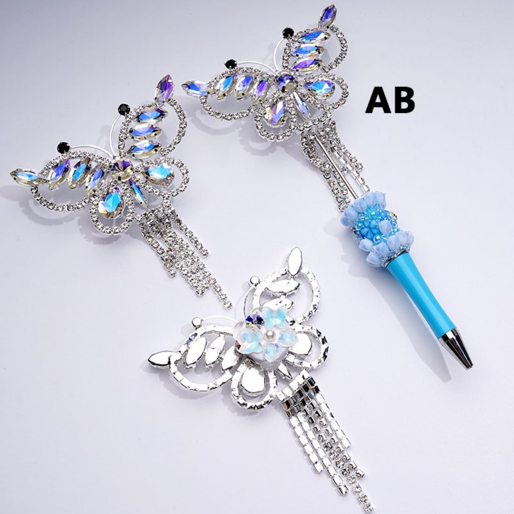 Bling Bling Fancy Silver Alloy Butterfly with Shiny Rhinestones Metal Clear Rhinestones Chains White Pearls Cute Butterflies Hearts Flowers Clay Beads, Around 79*108MM