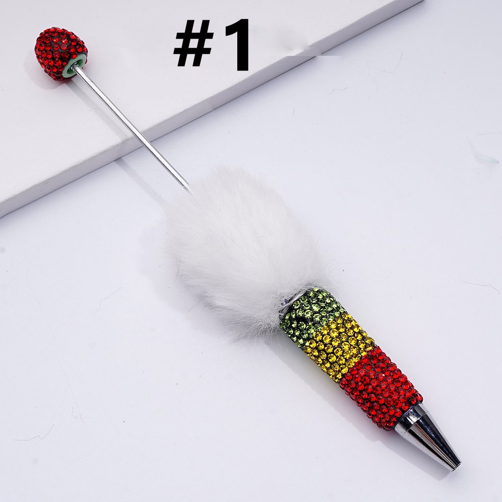 Beadable Clay Pom Pom Pens with Green Yellow Red Shiny Rhinestones Covered the Entire Pen