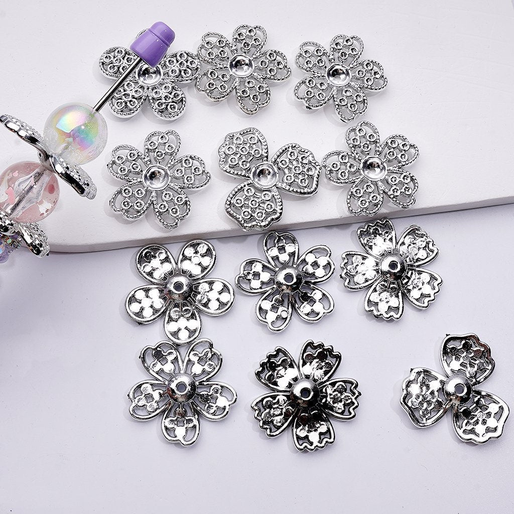 Silver Acrylic Large Petal Flower Jewelry Accessories Spacer, Around 30MM, Random Mix
