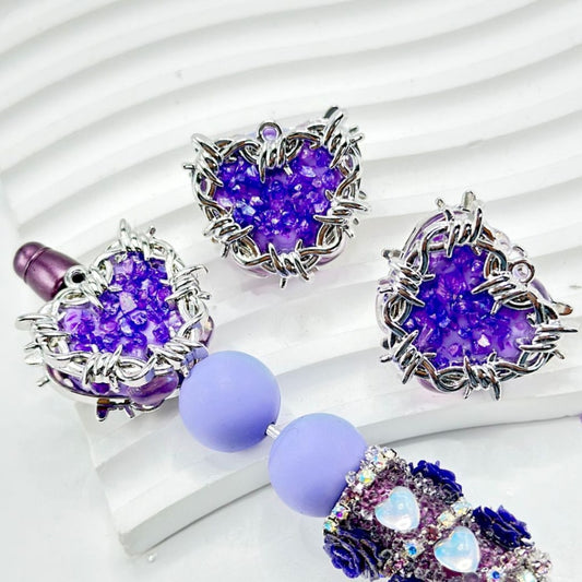 Delicate Silver Alloy Purple Heart Clay Beads with Shiny Rhinestones Mini Stones Oval Pearls, Around 26*29MM