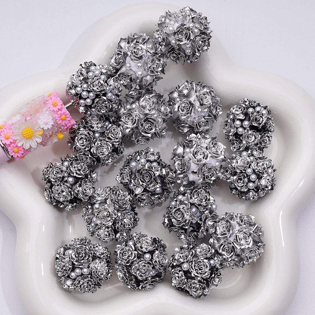 Fancy Shiny Silver Flowers White Pearls Round Clay Beads, 20MM