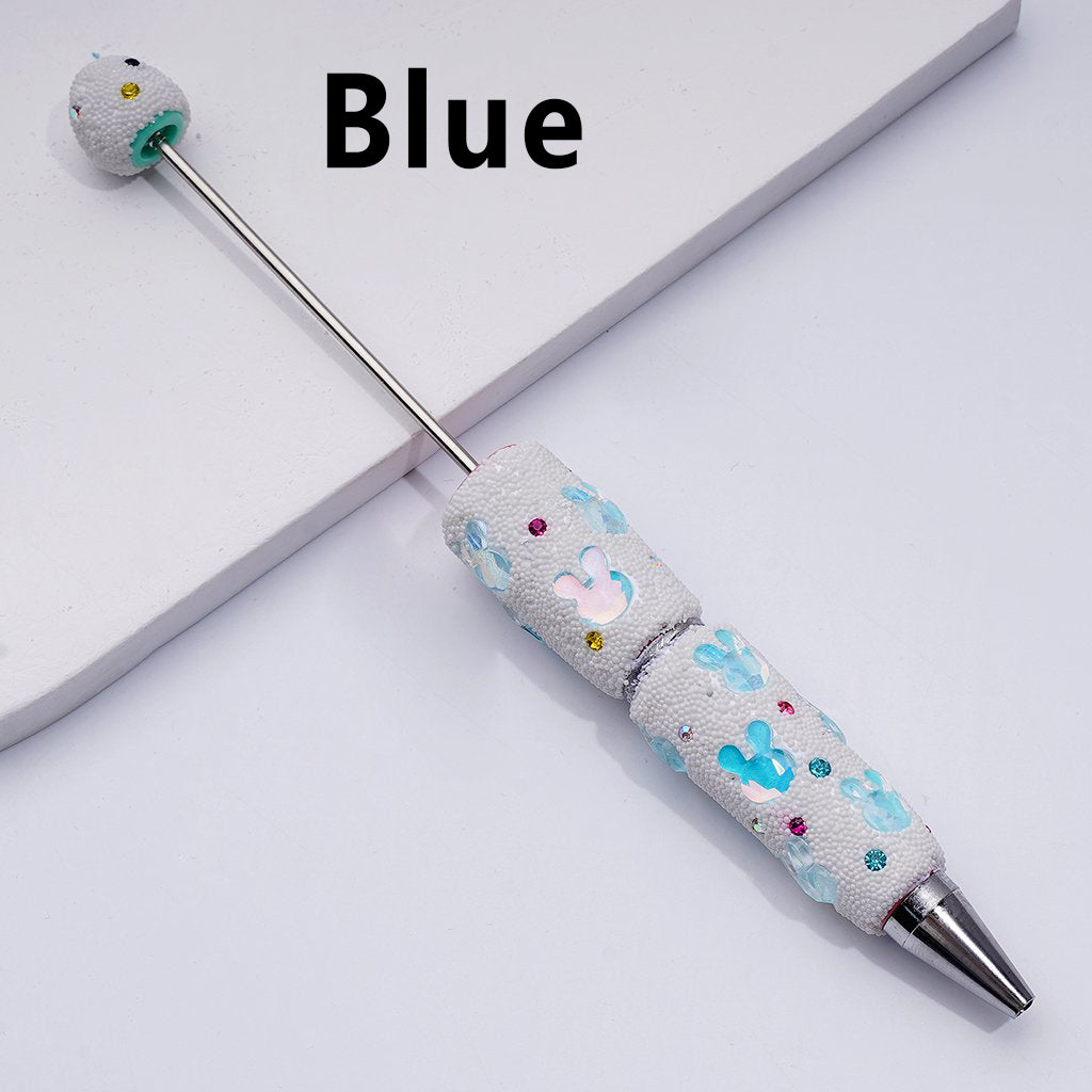 Beadable Clay Pens with Cute Bunny Heads Colorful Shiny Rhinestones Mini Snow Balls Covered the Entire Pen