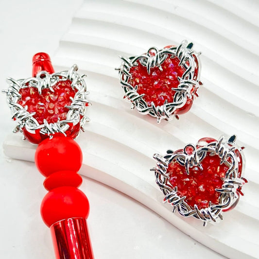 Delicate Silver Alloy Red Heart Clay Beads with Shiny Rhinestones Mini Stones Red Oval Pearls, Around 26*29MM