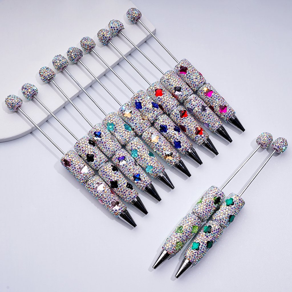 Beadable Clay Pens with Cute Shiny Four-Leaf Clover AB Rhinestones Covered the Entire Pen