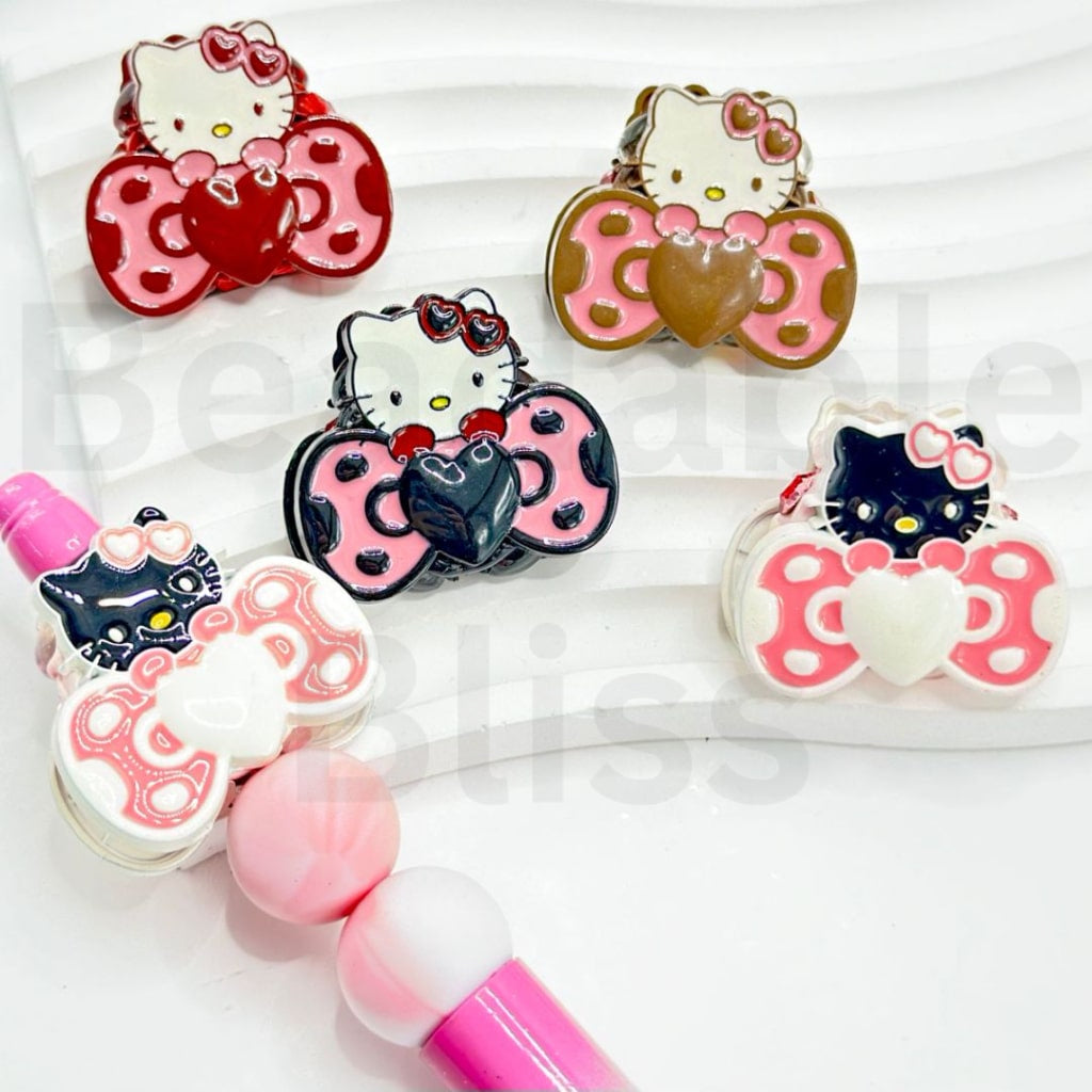 Cute Alloy cat character with Heart Bowtie Shiny Rhinestones Oval Pearls Clay Beads, Random Mix, Around 30*27MM