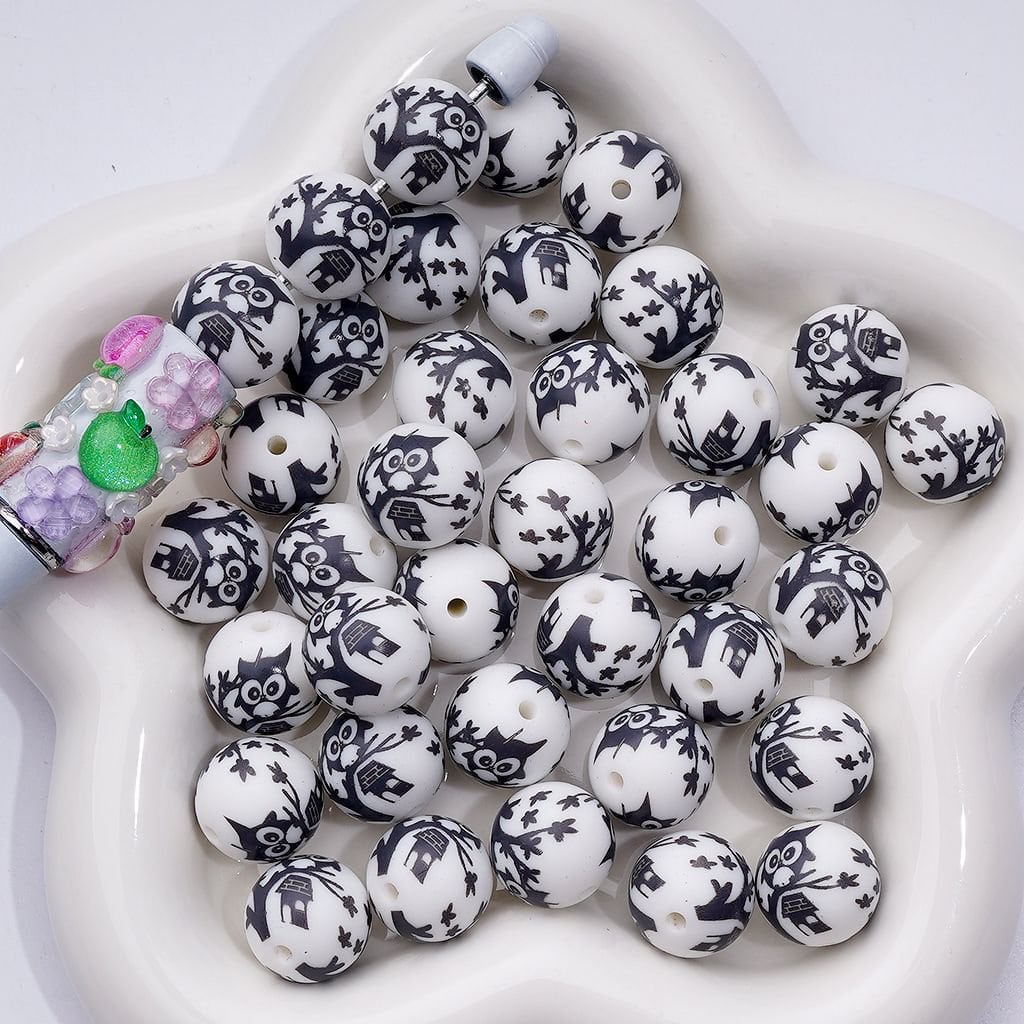 Little Cute Owl Printed Silicone Beads 15MM, Number Z-00243