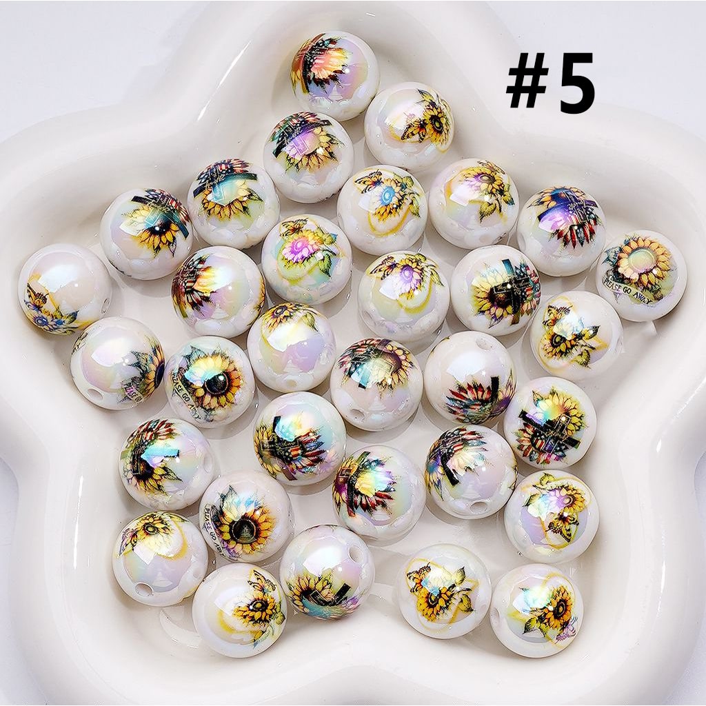 UV Coating Sun Flowers Clear White Round Acrylic Beads, 16MM