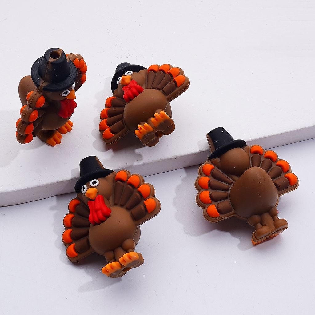 3D Thanksgiving Series Turkey Gnome Hat Pumpkin Silicone Focal Beads, Random Mix