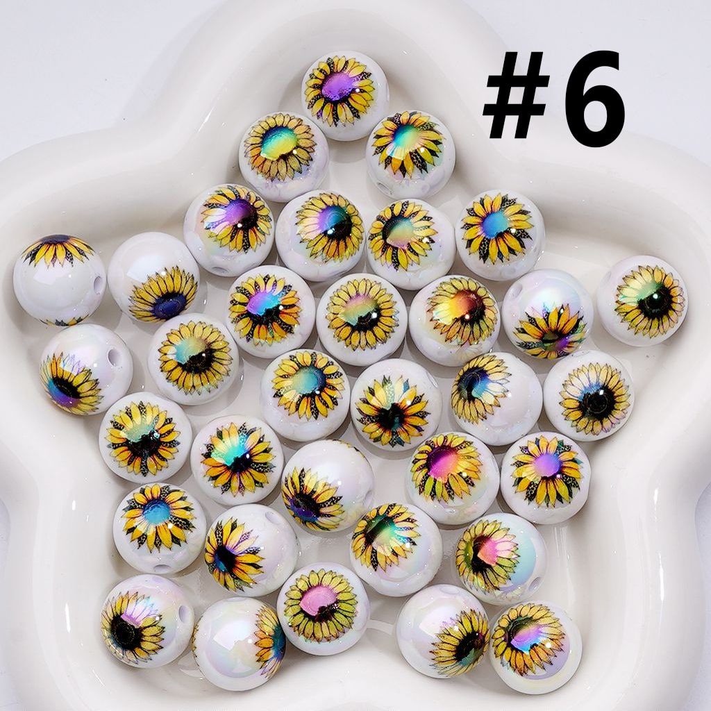 UV Coating Sun Flowers Clear White Round Acrylic Beads, 16MM