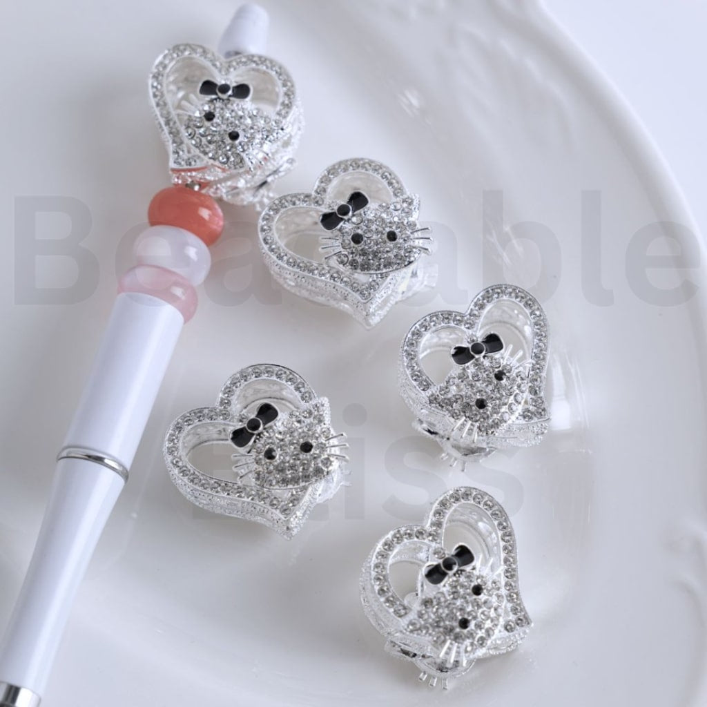 Vivid Cute Silver Alloy Heart HK Kitten with Clear Rhinestones Beads, Around 27*28MM