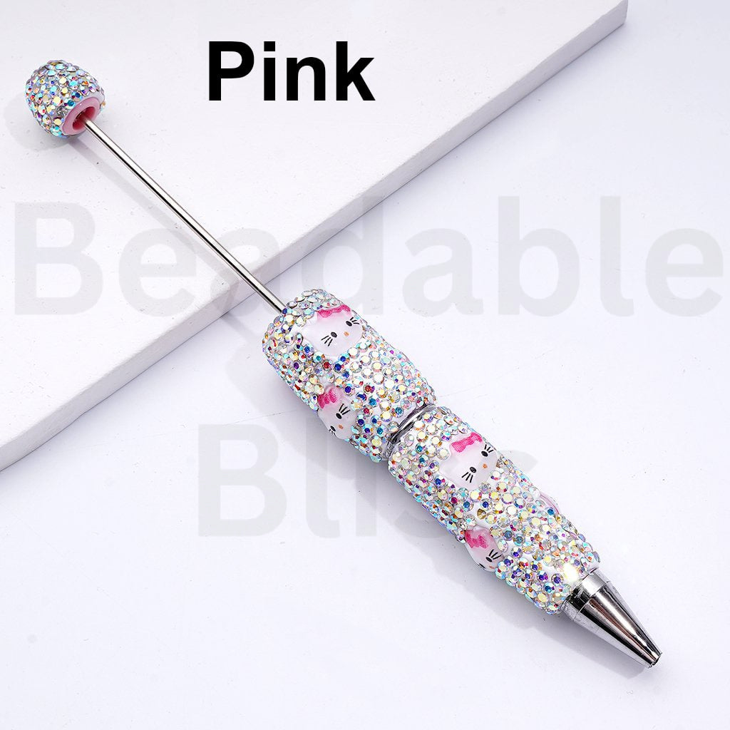 Beadable Clay Pens with Cute HK Kitten Head AB Rhinestones Covered the Entire Pen, Random Mix