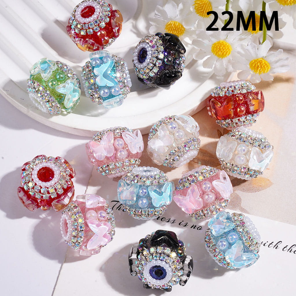 ファンシーバタフライパールABラインストーンチェーンラウンドアクリルビーズ、ランダムミックス、22×18MM