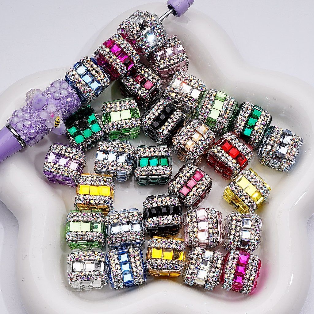 Multi-Color Shiny Square & AB Rhinestones Chains Cube Acrylic Beads, 15MM, Random Mix