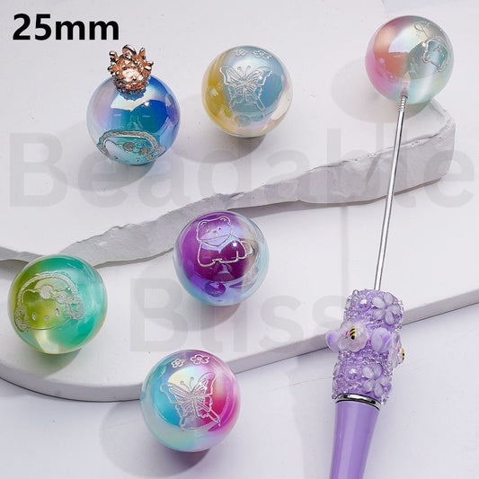 Double Color Cat Eye Style Cute Hell Kitt Bear Butterfly Flower Prints Round Pen Topper, 25MM, Random Mix