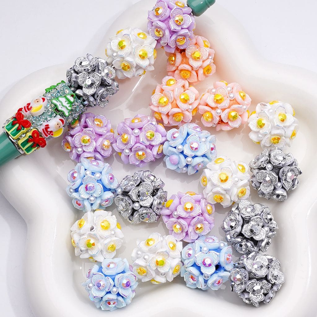 Clay Beads Shiny Cute Three-Petal Flower with Colorful Stamen White Pearls 20MM
