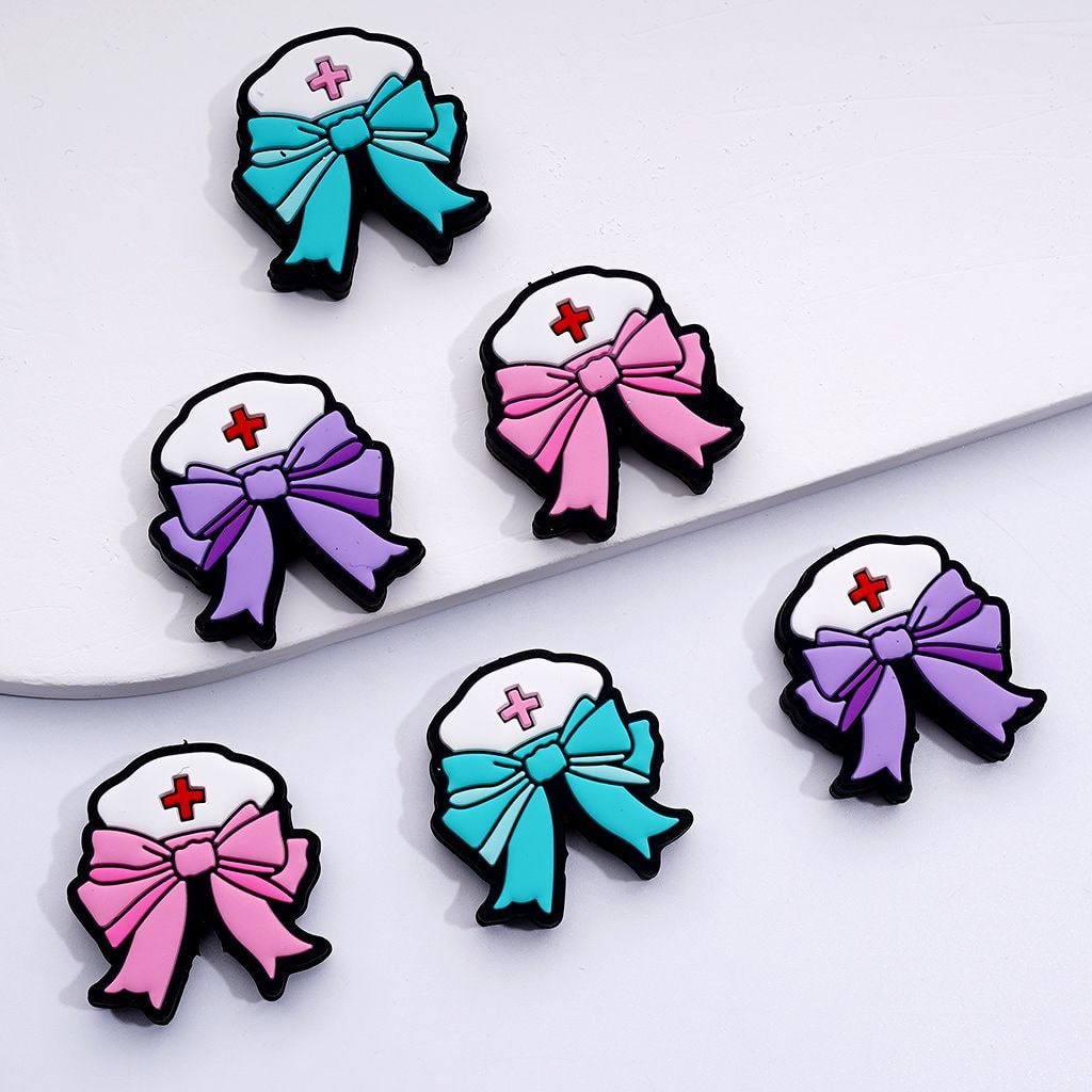 White Nurse Hat with Purple Teal Pink Bowknots Silicone Focal Beads