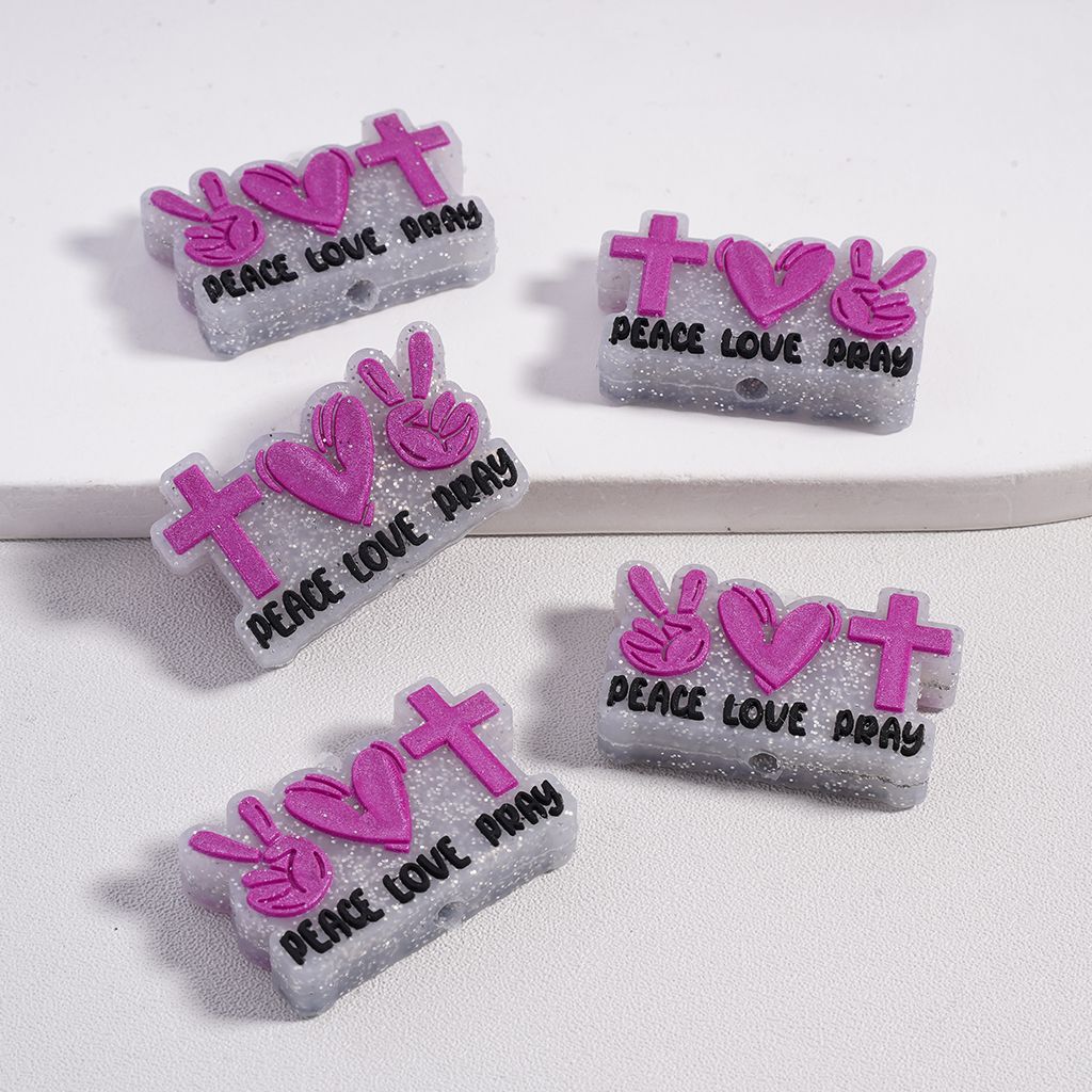 Silicone Focal Beads Peace Love Pray with Purple Cross Heart Hat Silver Dots