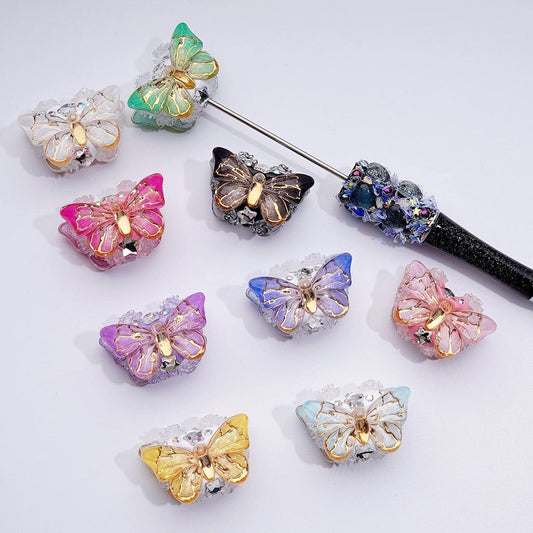 繊細でキュートな蝶とゴールドのストライプABラインストーン、クリアスターフラワークレイビーズ、約32×18MM