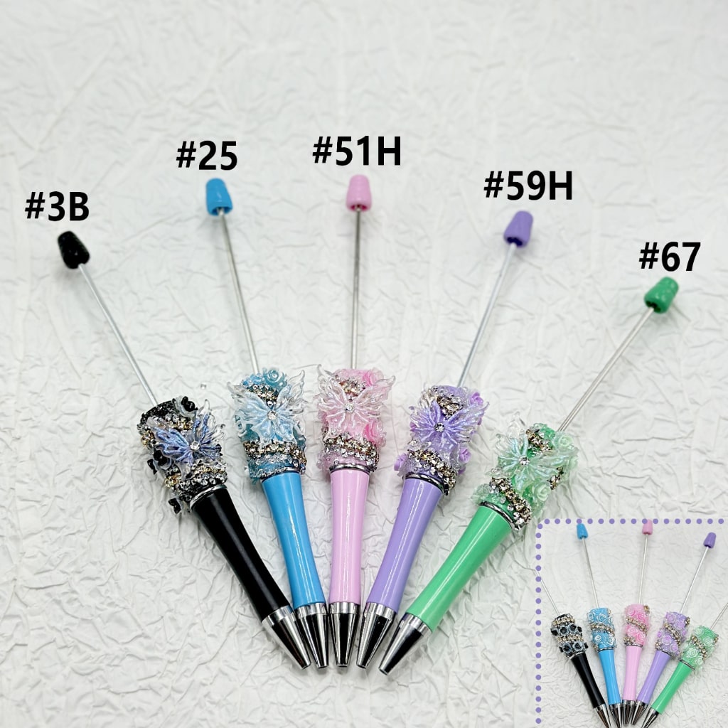 Solid Color Beadable Pens with Shiny Butterflies Cute Flowers Clear Rhinestones Chains Clear Sugar