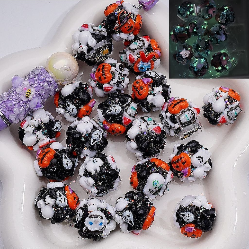 Luminous Halloween Christmas Topics Ghost Pumpkin Penguin with Red Christmas Hat Cat Round Clay Beads, 20MM