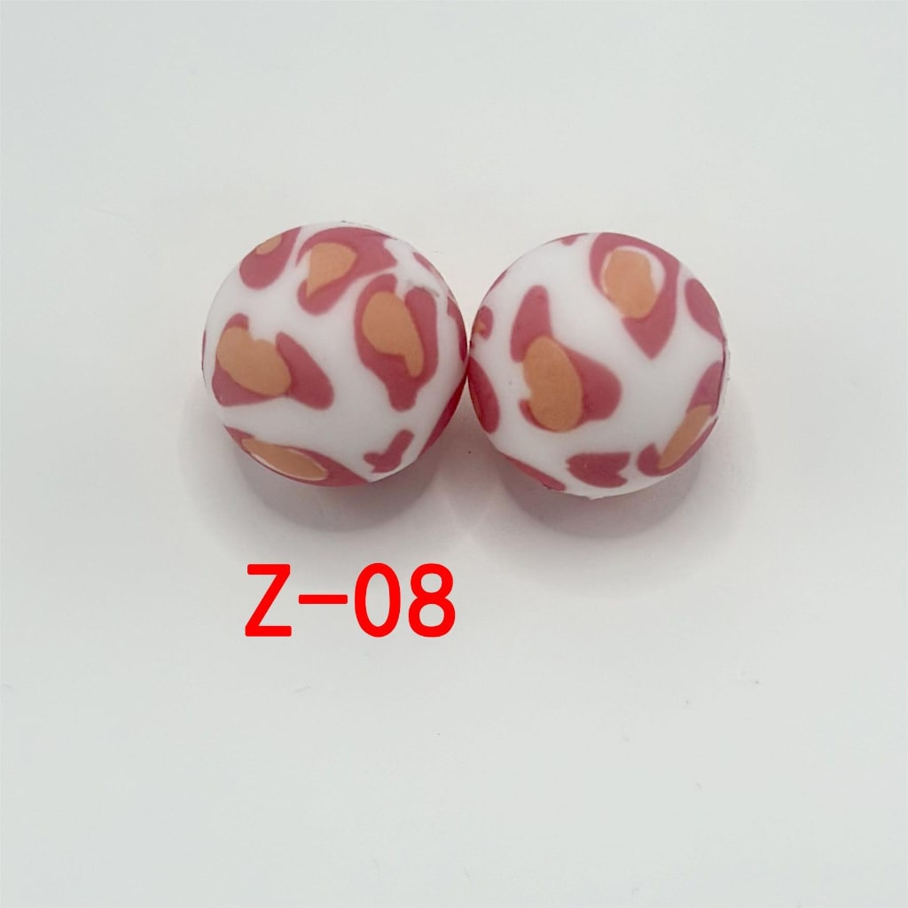 Flesh Color and Red Pattern Round Printed Silicone Beads 15mm, Number Z-08