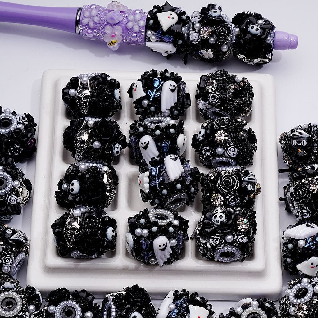 Halloween Black Flowers White Ghost Pearls Acrylic Beads, 19*23MM, Random Mix