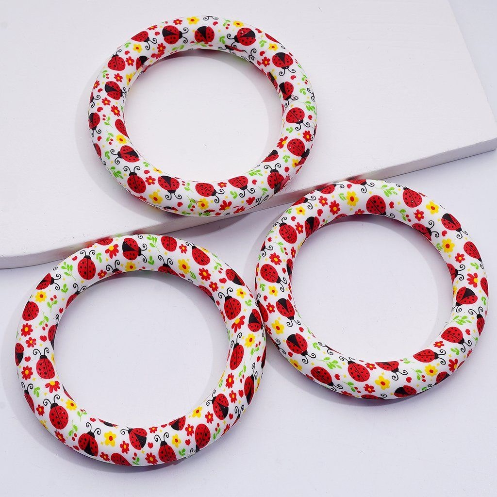 Cute Red Lady Bugs Flowers Prints Silicone Ring Frame Bead Circle Round Soft Car Hanger Charm Loop 65mm