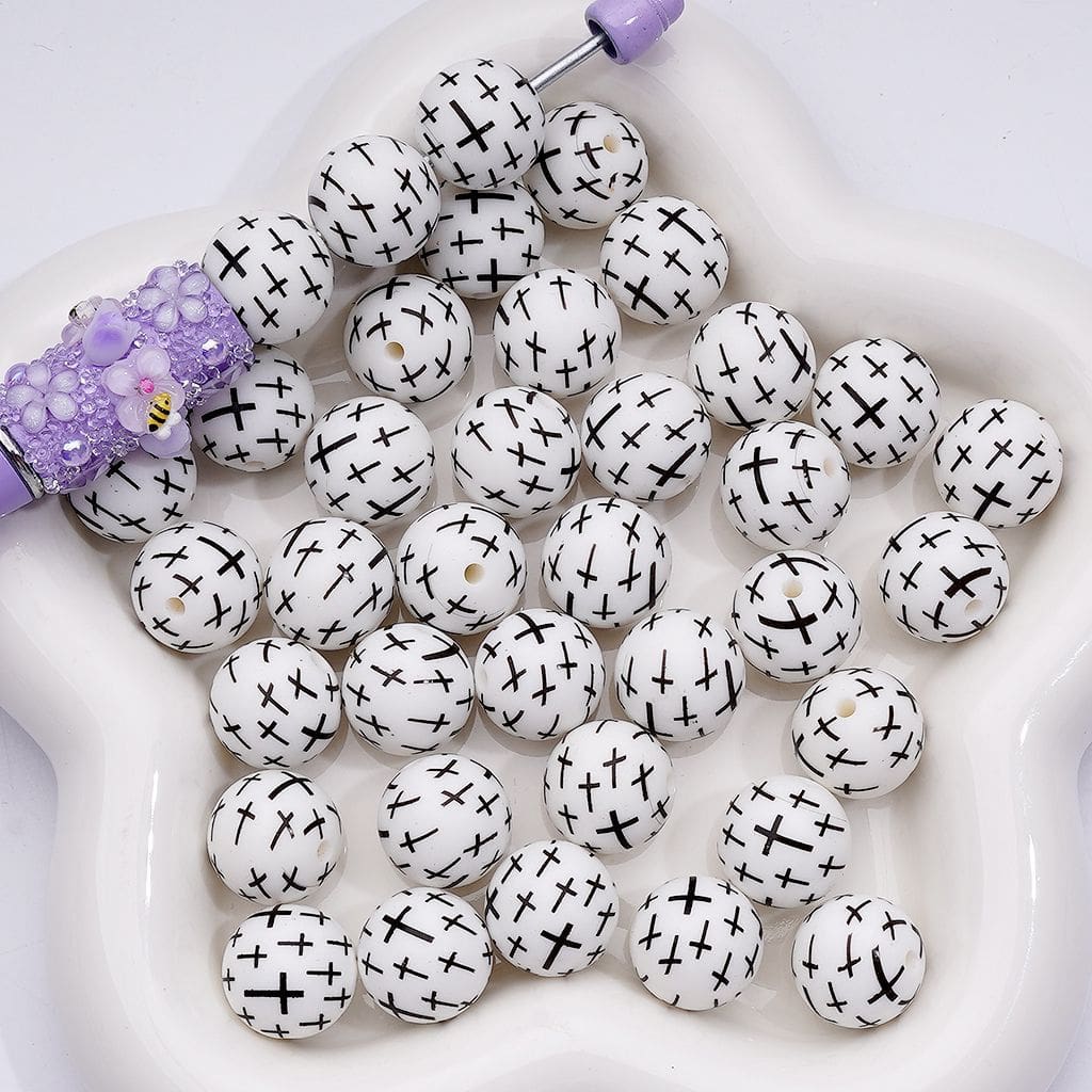 Mini Multi-Color Crosses Printed Silicone Beads 15MM, Number Z-00248