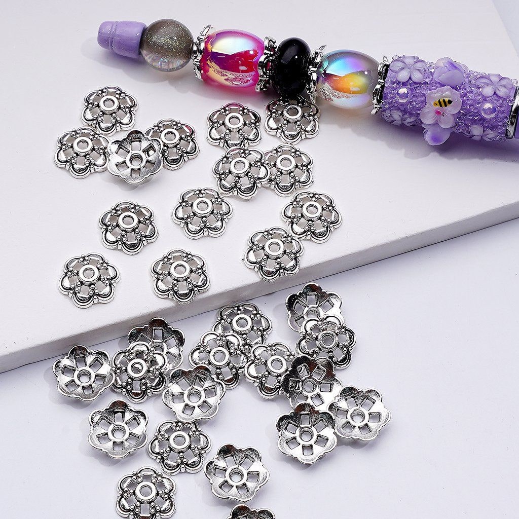 Silver Alloy Six-Petal Flower Bead Cage Cap, 14MM
