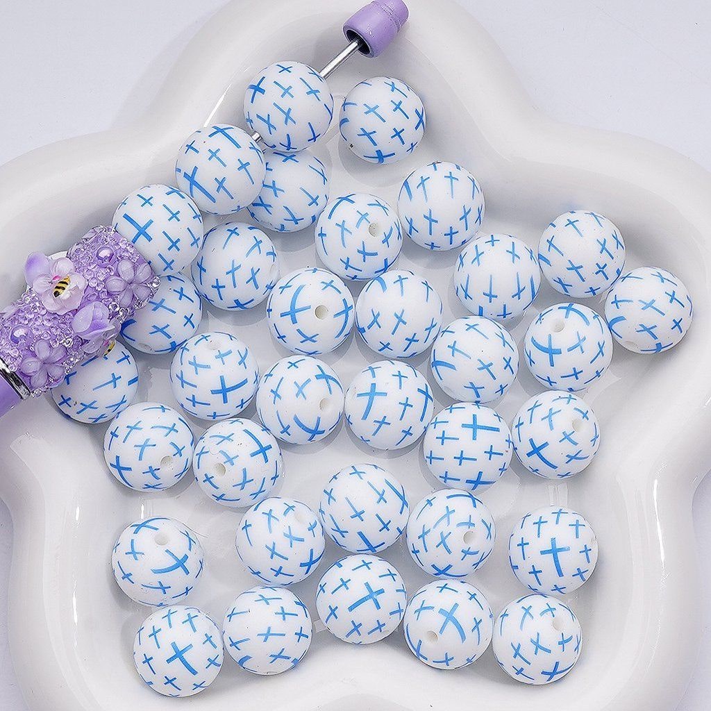 Mini Multi-Color Crosses Printed Silicone Beads 15MM, Number Z-00248