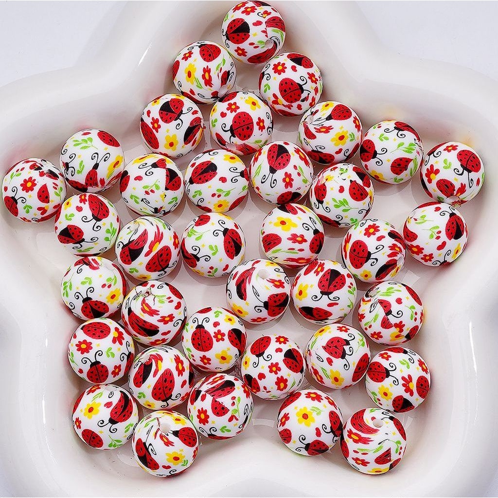 Cute Red Lady Bugs Flowers Printed Silicone Beads 15MM, Number Z-00247