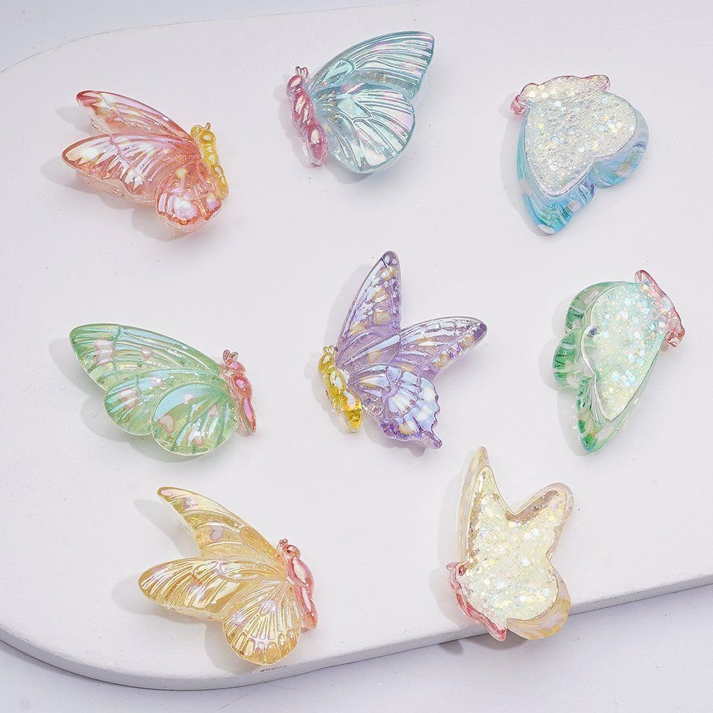 UV Coating Cute Butterfly Colorful Flakes Inisde Acrylic Beads, 31*26MM, Random Mix