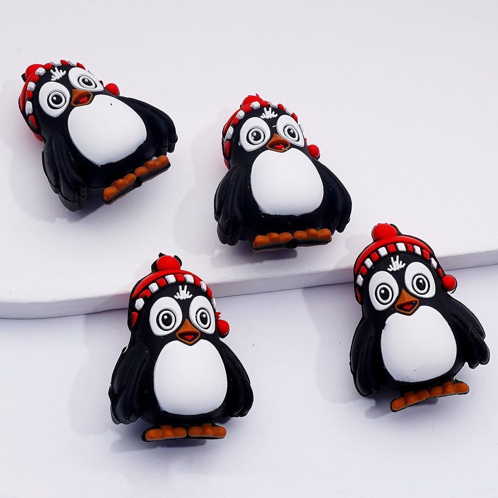 3D Cute Penguin with Red Hat Silicone Focal Beads