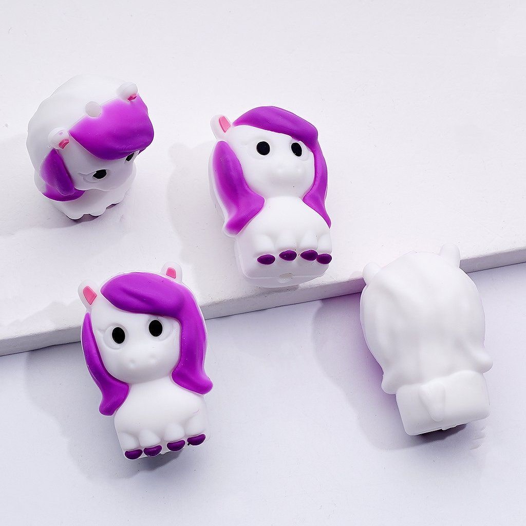 3D Cute Horse with Purple Mane Silicone Focal Beads